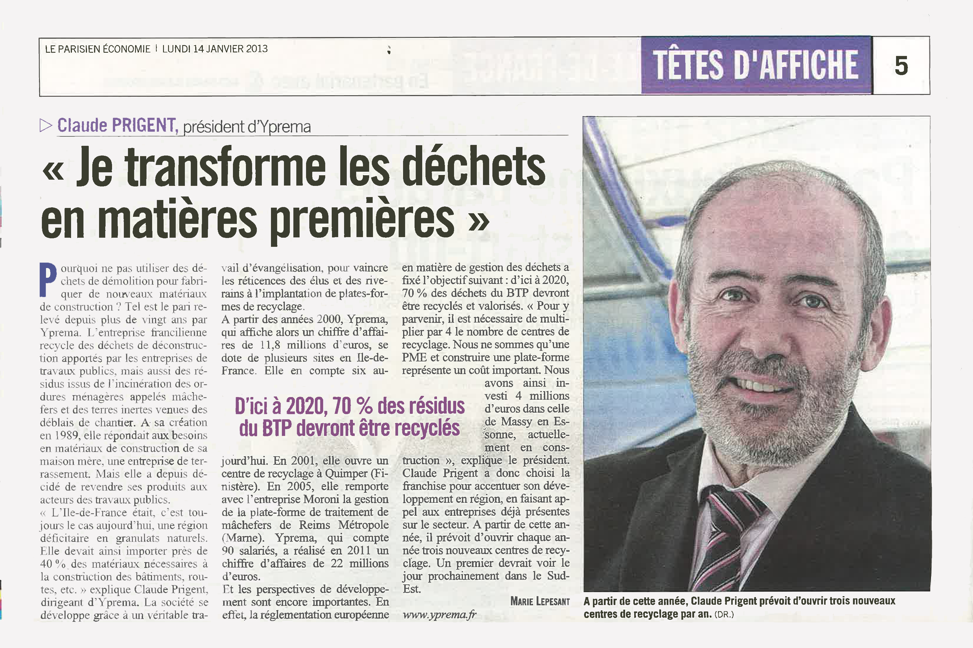 Article sur YPREMA paru dans le Parisien 14-01-2013